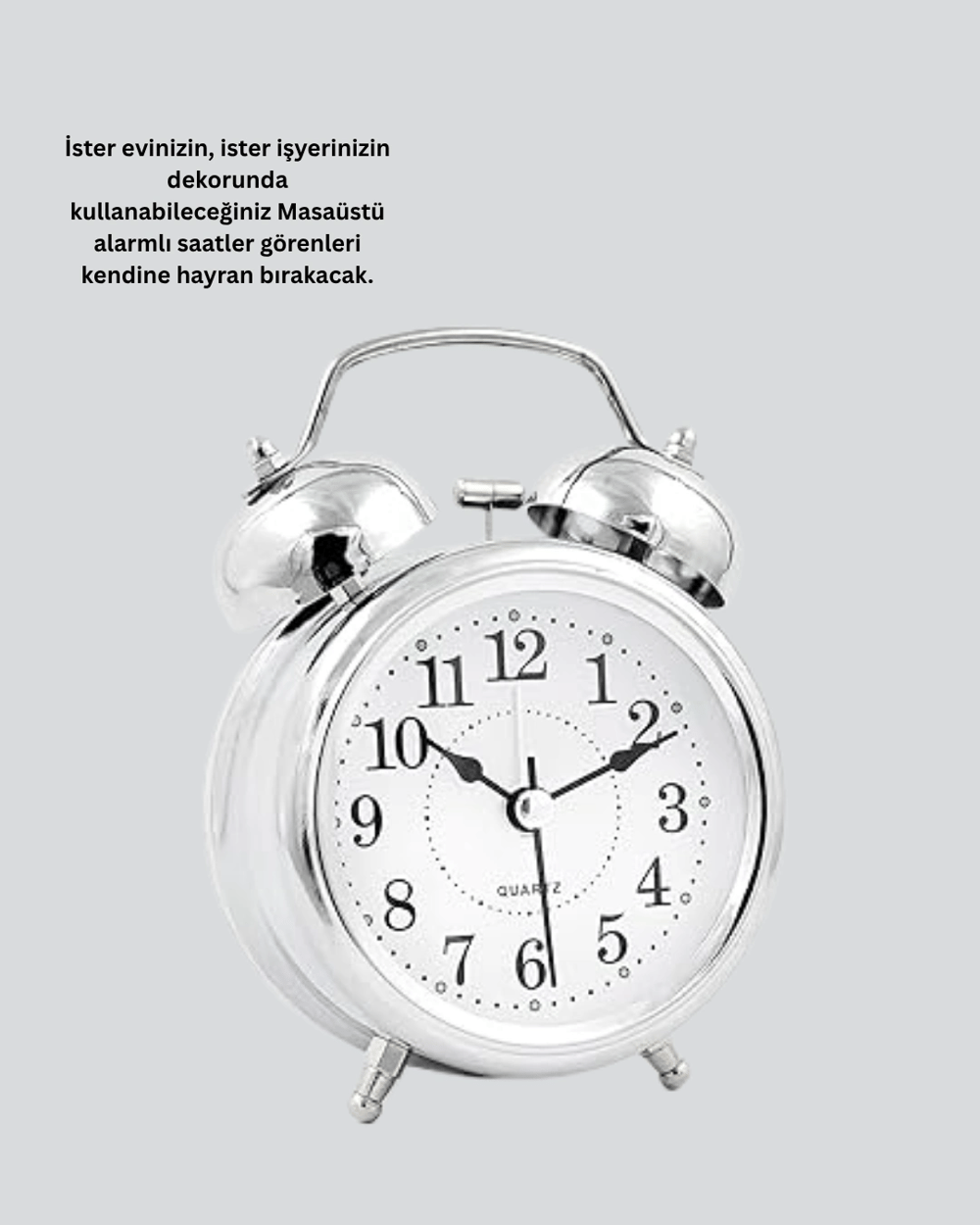 Dekoratif Yuvarlak Gümüş Sessiz Işıklı Masa Üstü Çalar Saat Alarmlı ve Şık Tasarım