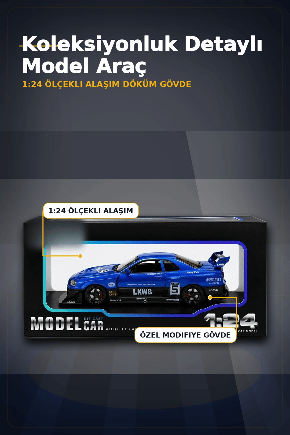 Detaylı 1/24 Ölçek R34 Modifiye Spor Model Araç - Tek Renk Seçimli, Koleksiyonluk Oyunca BX-313408