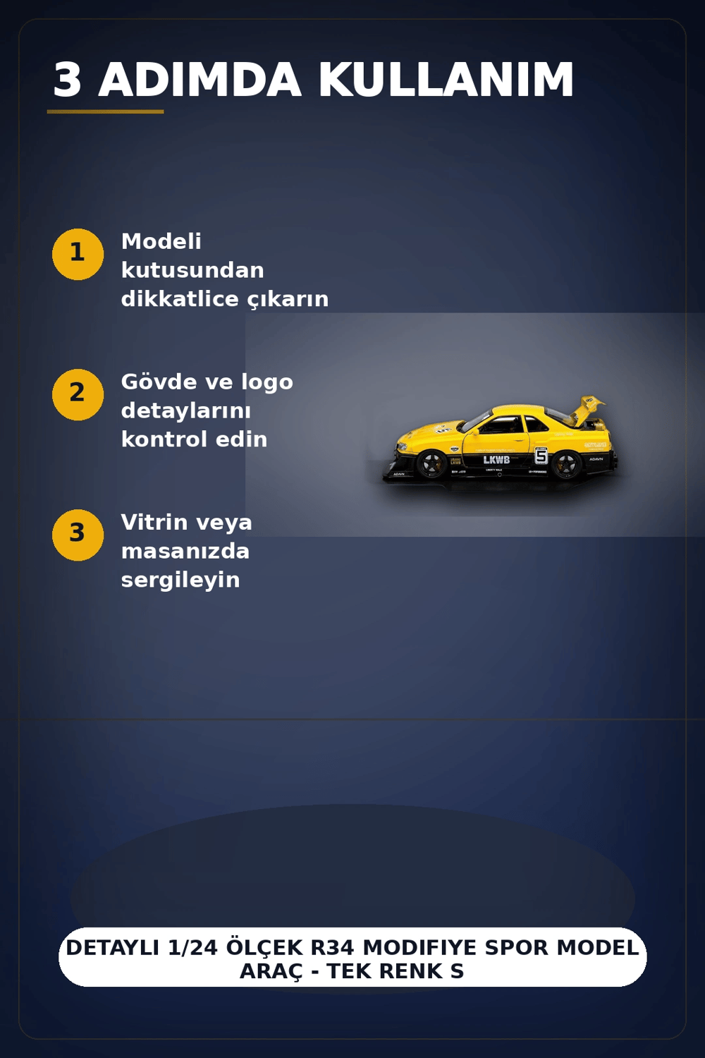 Detaylı 1/24 Ölçek R34 Modifiye Spor Model Araç - Tek Renk Seçimli, Koleksiyonluk Oyunca BX-313408