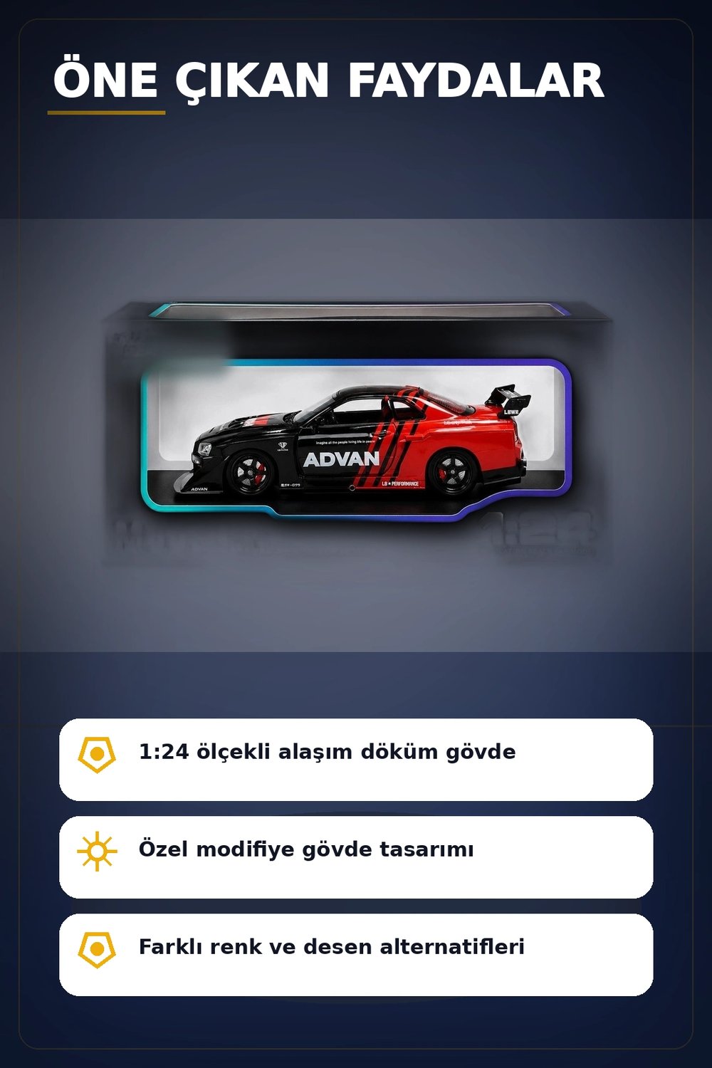 Detaylı 1/24 Ölçek R34 Modifiye Spor Model Araç - Tek Renk Seçimli, Koleksiyonluk Oyunca BX-313408