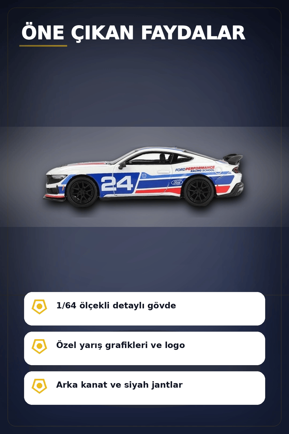 Detaylı 1/64 Ölçekli Ford Mustang Dark Horse Yarış Arabası Modeli - #24 Takım Aracı BX-313380