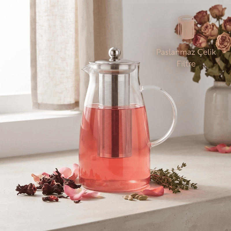 Detoks Sürahisi - 1500 ml - Paslanmaz Çelik Filtre - Cam