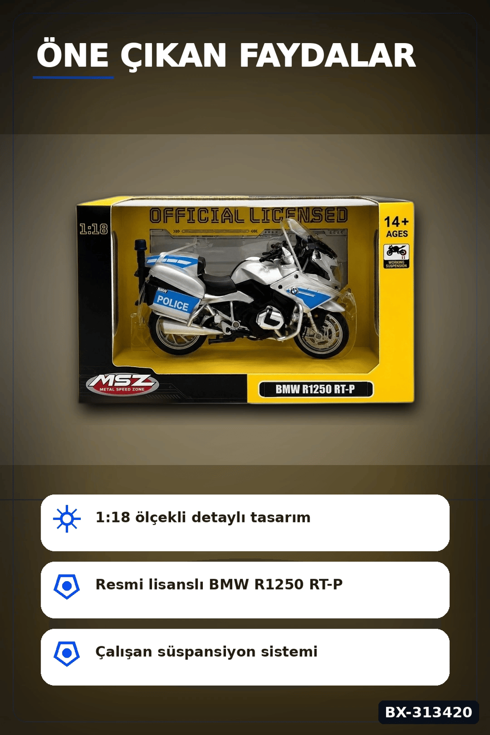 Die-Cast 1:18 Ölçekli Alman Polis BMW R1250RT Motosiklet Modeli 1 Adet BX-313420