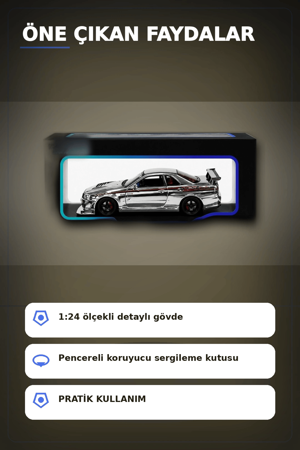 Diecast Metal 1/24 R34 GTR Model Araba - 14 Yaş ve Üzeri Koleksiyon İçin Tekli Paket BX-313407