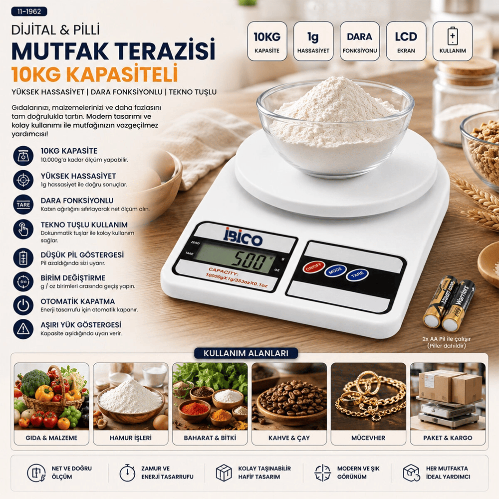 Dijital - Pilli Mutfak Terazisi Tartı 10kg / 1gr Bx40