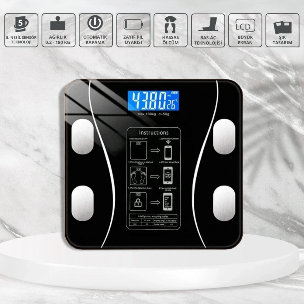 Dijital Baskül Yağ Ölçer Fonksiyonlu Akıllı Baskül Bluetooth Bağlantılı Tartı Bx40