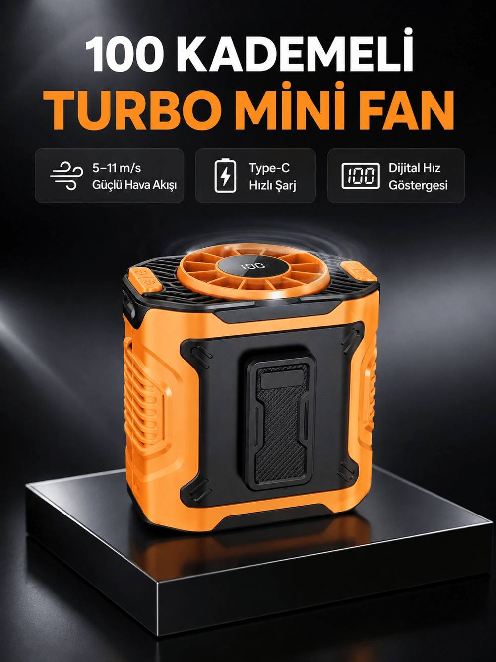 Dijital Ekranlı Turbo Mini Fan – 3 Kademeli Hız, Sessiz Çalışma ve Type-C Şarj