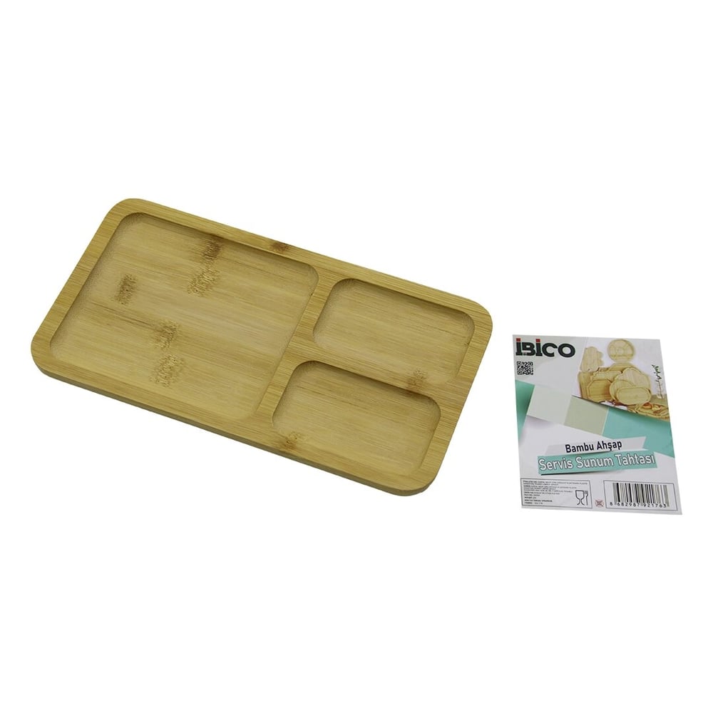 Dikdörtgen 3 Bölmeli=2+1 Ahşap Bambu Servis Sunum Tepsi - Tahtası 24.8 X 13.8 X 1.4cm Bx40