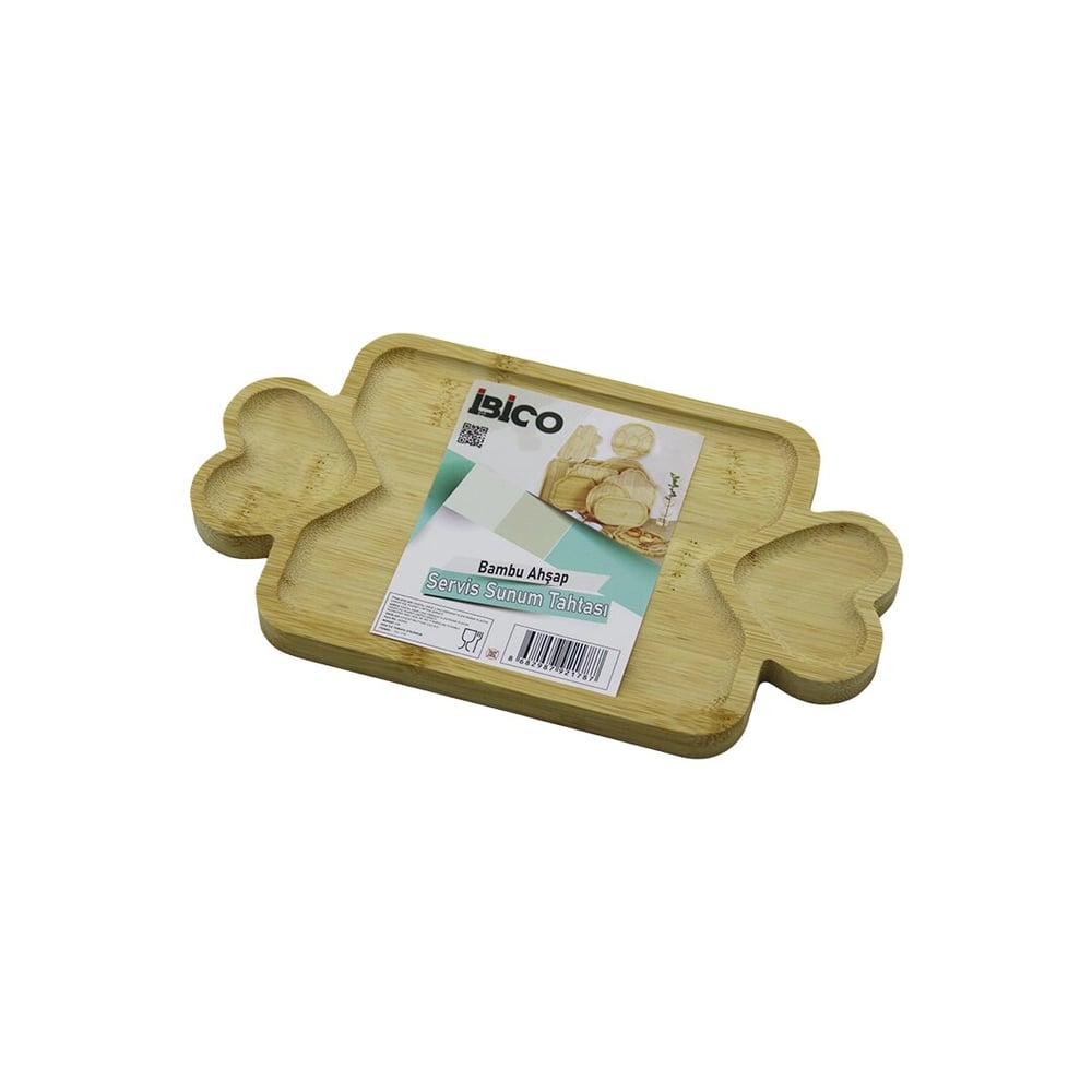 Dikdörtgen 3 Bölmeli=2in1 Kalp Kulp - Bölme + 1 Ahşap Bambu Servis Sunum Tepsi - Tahtası 25 X 14 X 1.4cm Bx40