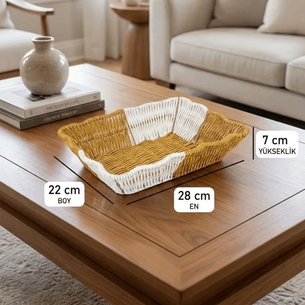 Dikdörtgen Çift Renkli Plastik Rattan Ekmek Ve Meyve Sepeti - Çok Amaçlı Banyo Ve Mutfak Düzenleyici - Yıkanabilir Tezgâh Üstü Organizer Bx40