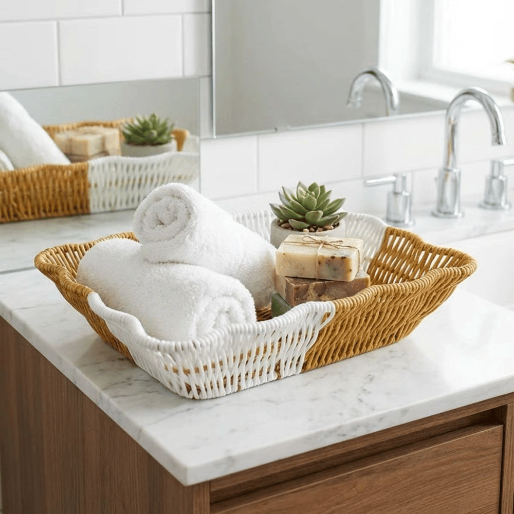 Dikdörtgen Çift Renkli Plastik Rattan Ekmek Ve Meyve Sepeti - Çok Amaçlı Banyo Ve Mutfak Düzenleyici - Yıkanabilir Tezgâh Üstü Organizer Bx40