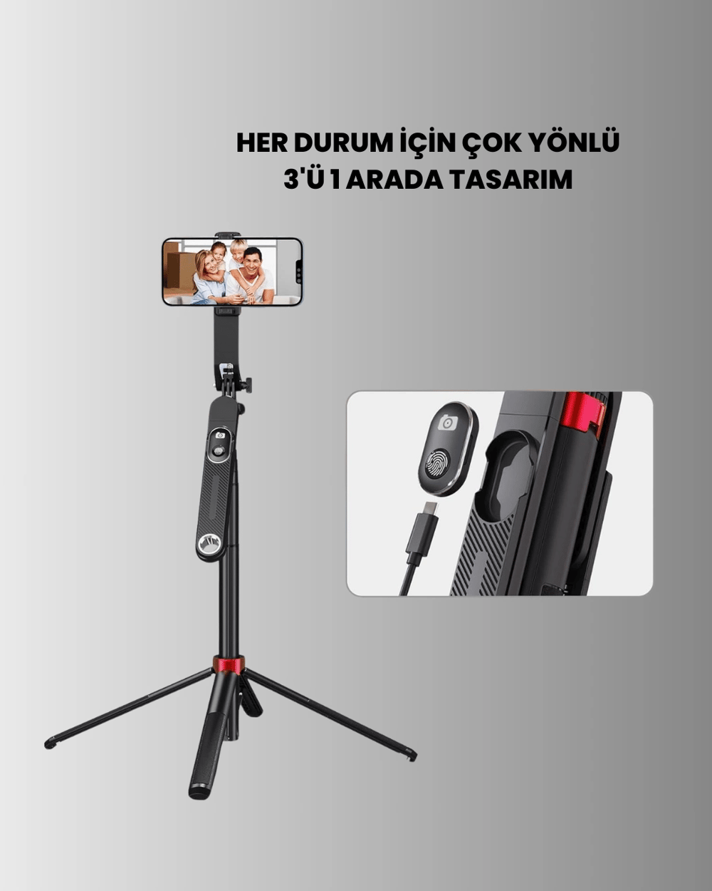 Dikey ve Yatay Çekim Destekli Selfie Stick Tripod