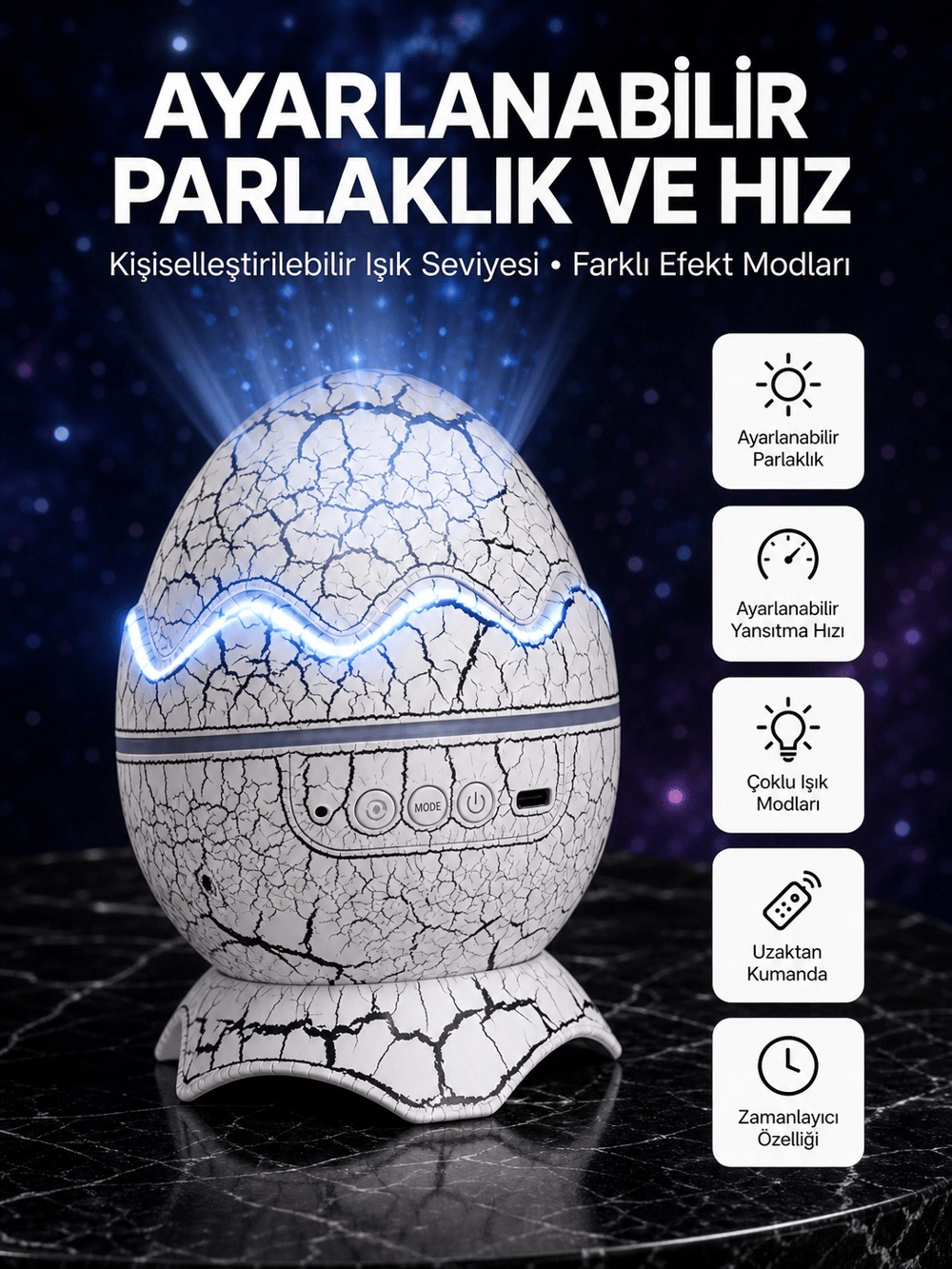 Dinozor Yumurtası Tasarımlı Projektörlü Gece Lambası