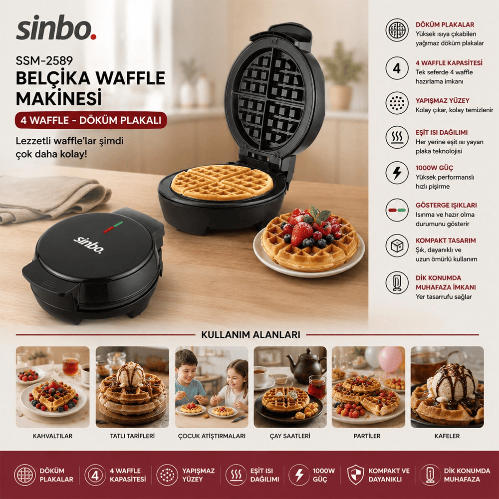 Döküm  Belçika Waffle Makinesi  Elektrikli   4 Waffle   Yapışmaz Yüzey   1000w  Ssm-2589 Bx40