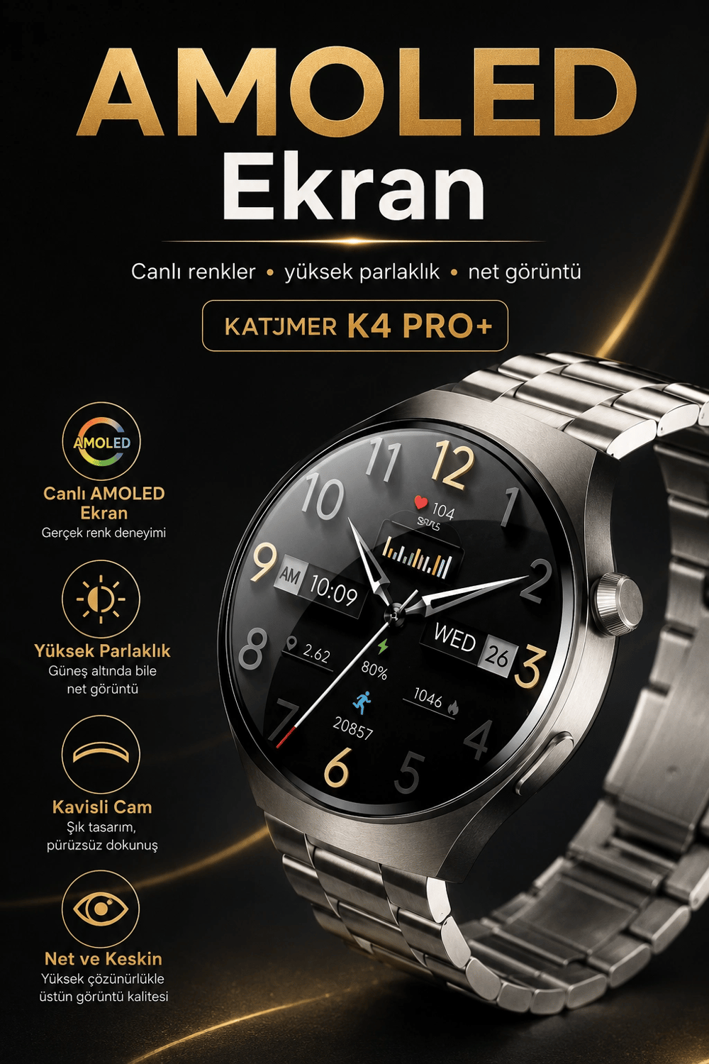 Dokunmatik AMOLED Ekranlı Akıllı Saat Çelik Kordon Ve Ek Kayışlı Şık Tasarım