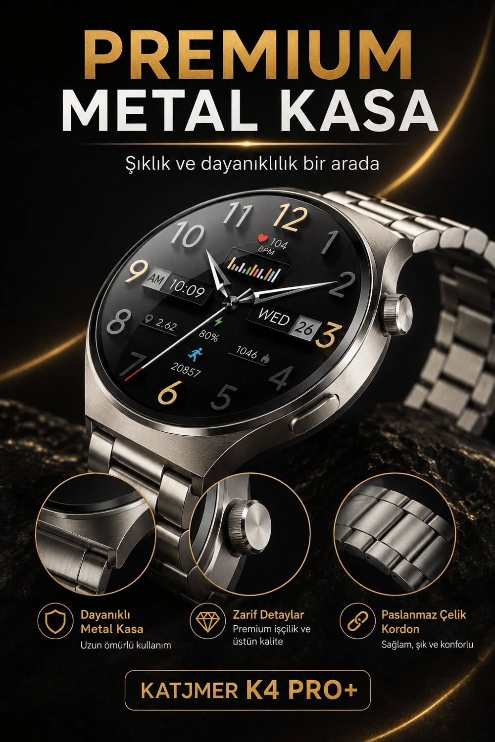 Dokunmatik AMOLED Ekranlı Akıllı Saat Çelik Kordon Ve Ek Kayışlı Şık Tasarım
