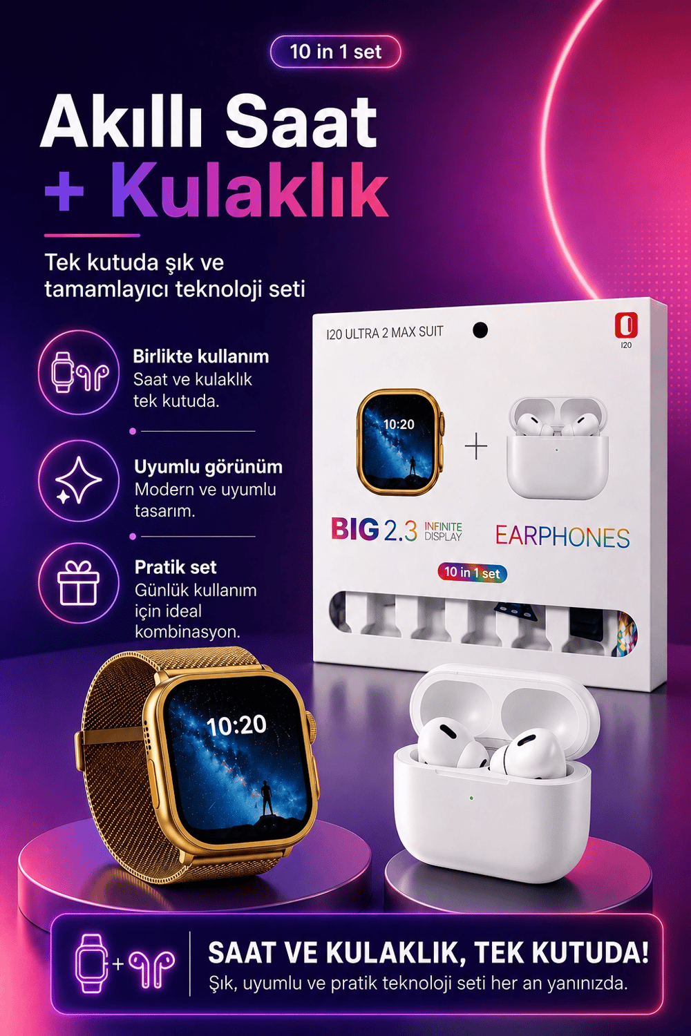 Dokunmatik Ekranlı Akıllı Saat Kablosuz Kulaklık Ve Aksesuarlarıyla Tam Set