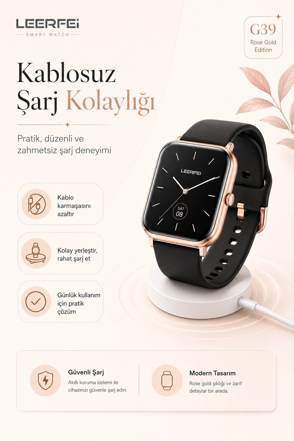 Dokunmatik Ekranlı Rose Gold Akıllı Saat Kablosuz Şarj Özellikli Günlük Kullanım