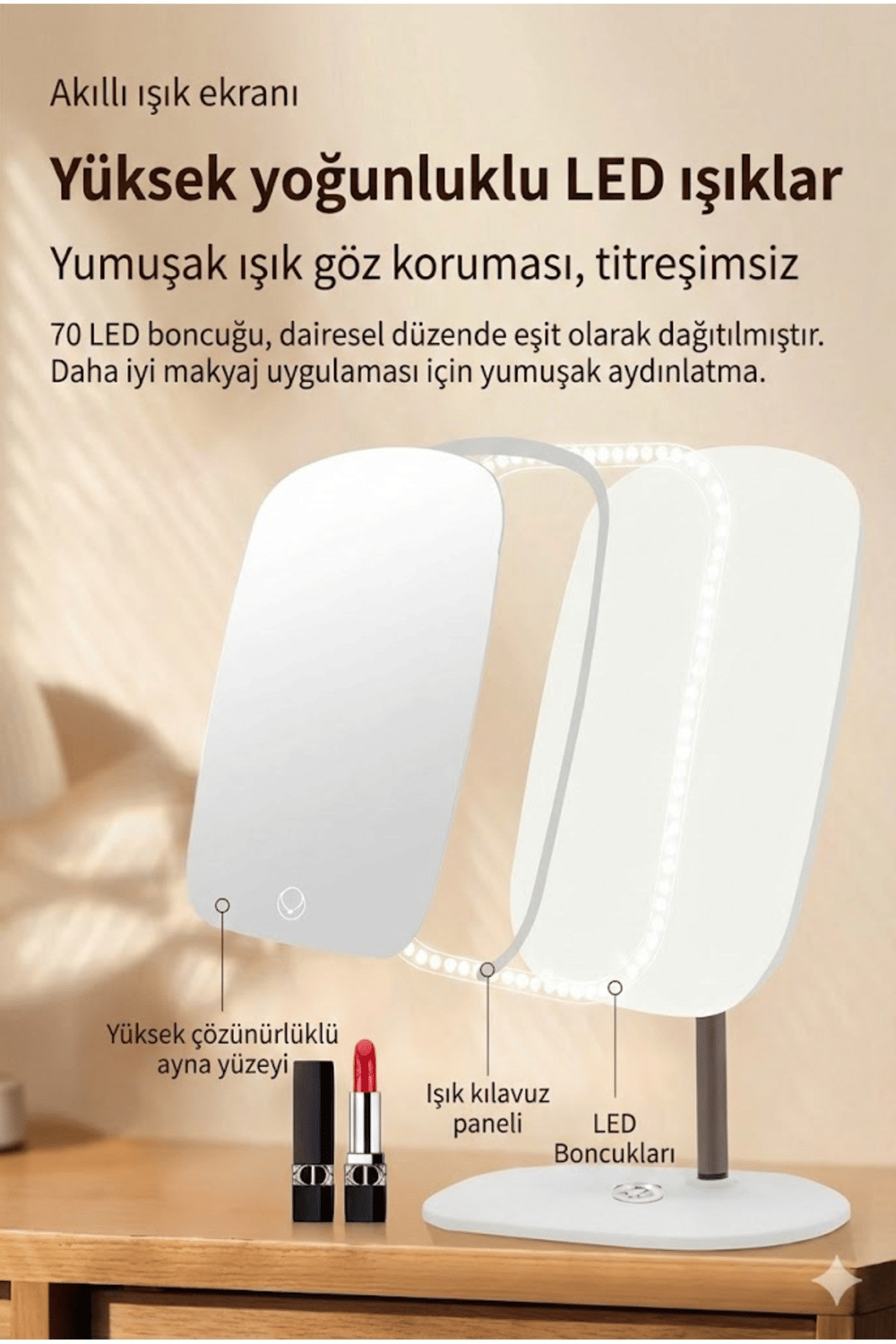 Dokunmatik led ışıklı makyaj aynası dikdörtgen 3 renk ışık LED MASA AYNASI