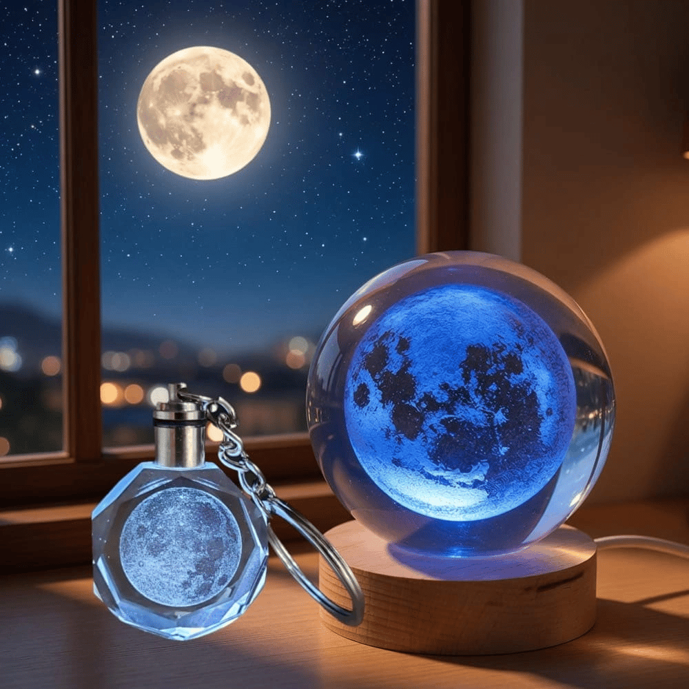 Dolunay Tasarımlı Işıklı Cam Küre - Kristal Anahtarlık Seti - Renk Değiştiren Gece Lambası