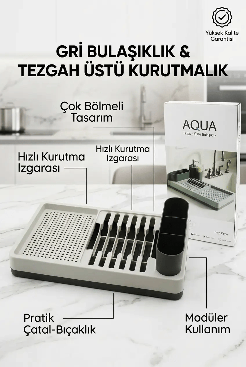 Drenajlı Gri Bulaşıklık Tezgah Üstü Tabak Bardak Kurutma Mutfak Düzenleyici