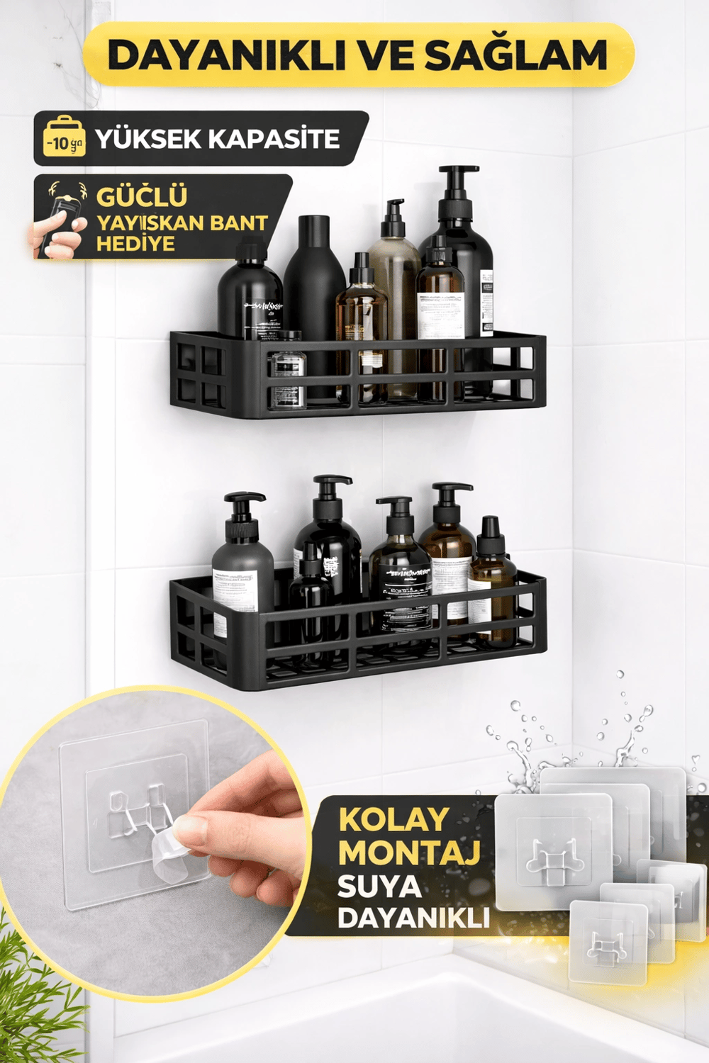 Duş İçi Yapışkanlı Banyo Rafı 2’li Set Delme Yok Güçlü Yapışkan Bantlı Organizer