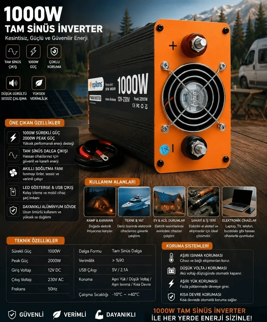Eco Lounge 1000W Tam Sinüs İnverter 12V DC 220V AC Çevirici USB Çıkışlı Araç Karavan Solar Güç Dönüştürücü