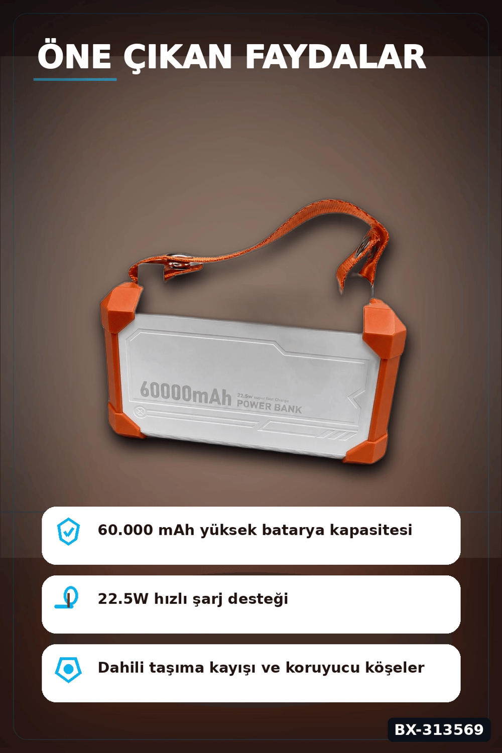 Entegre Kablolu 60000mAh 22.5W Hızlı Şarj Powerbank - Çoklu USB-C Çıkışlı Güç Bankası BX-313569