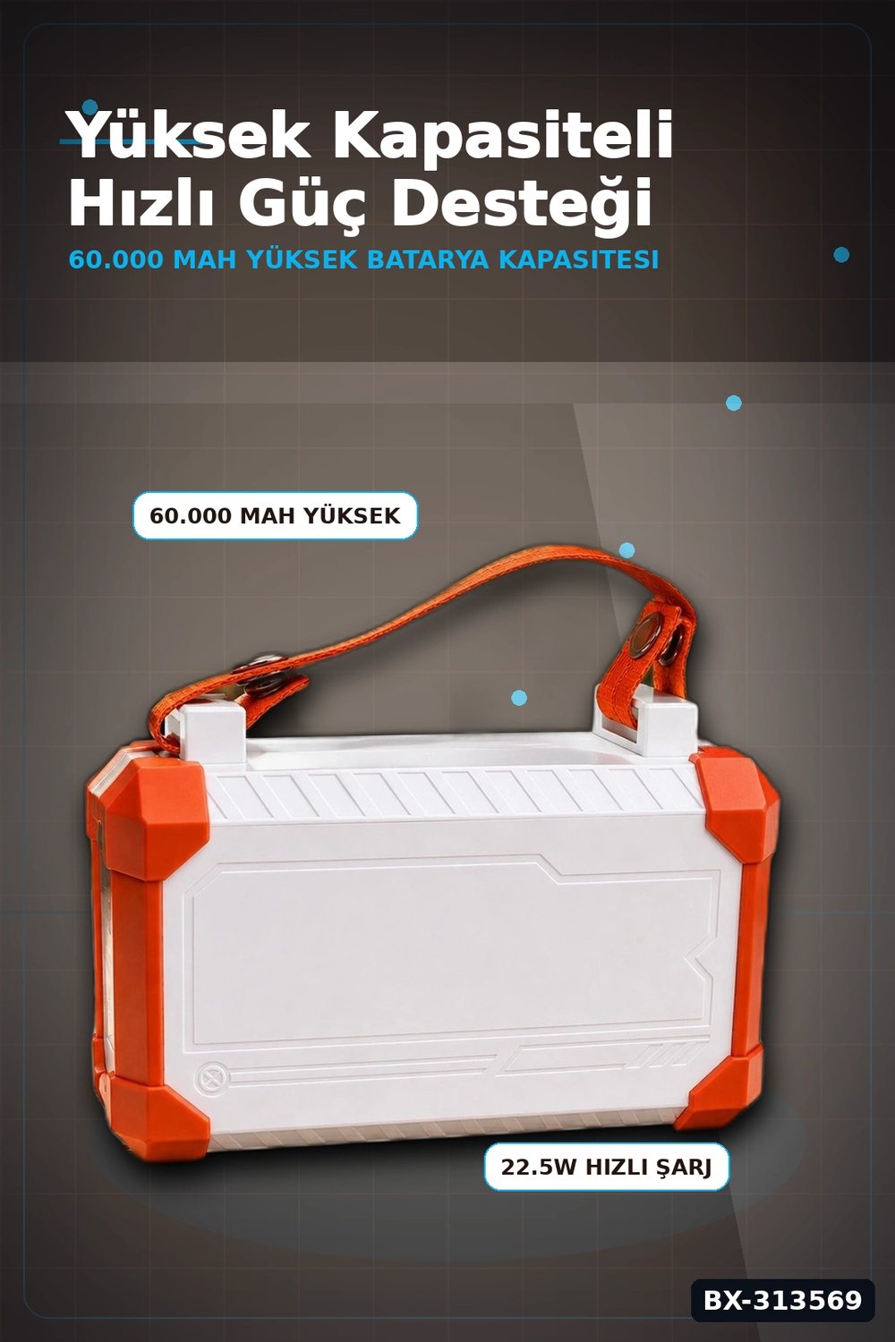 Entegre Kablolu 60000mAh 22.5W Hızlı Şarj Powerbank - Çoklu USB-C Çıkışlı Güç Bankası BX-313569