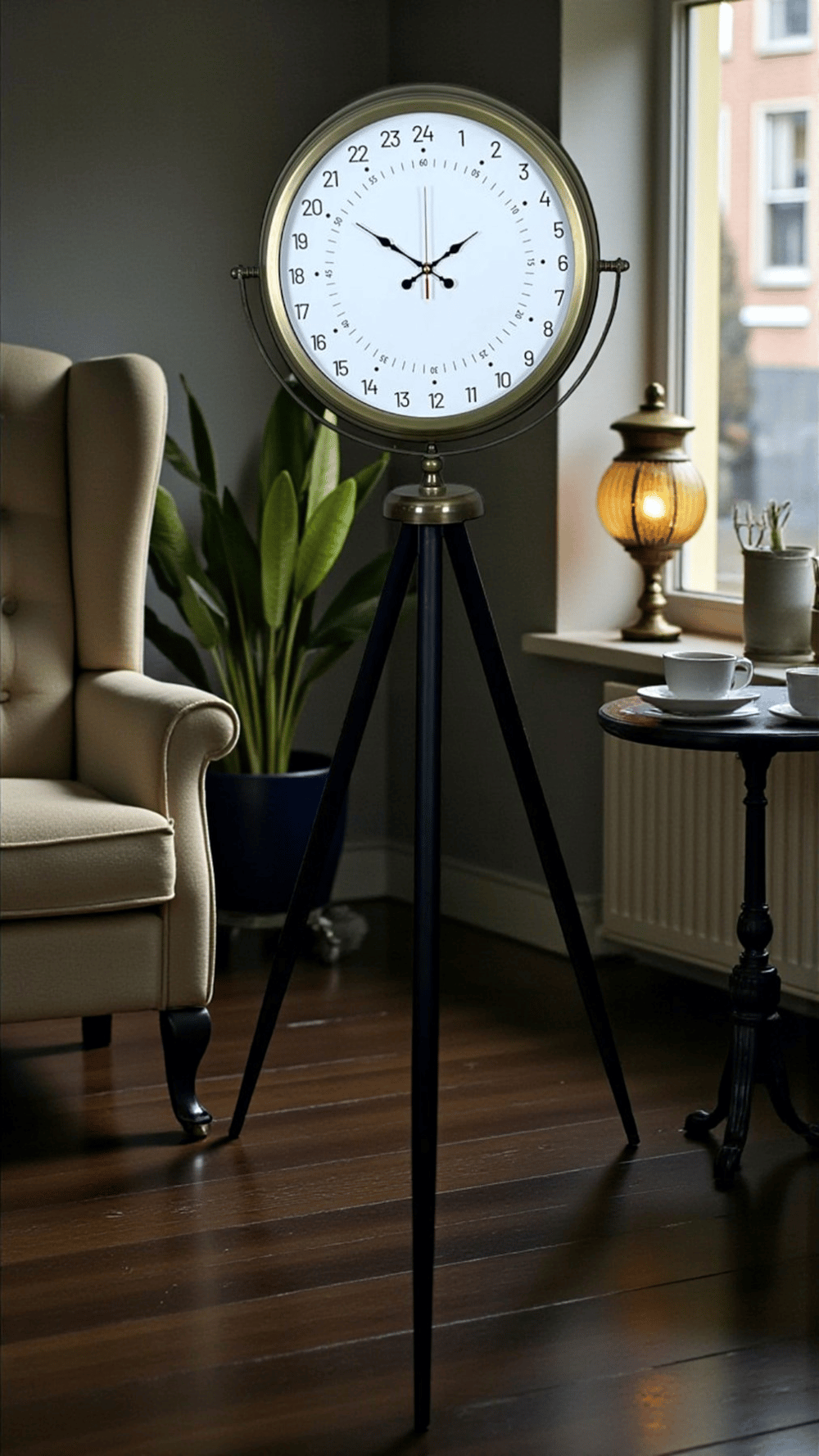 Eskitme 24 Saat Göstergeli Özel Tasarım Tripod Ayaklı Saat