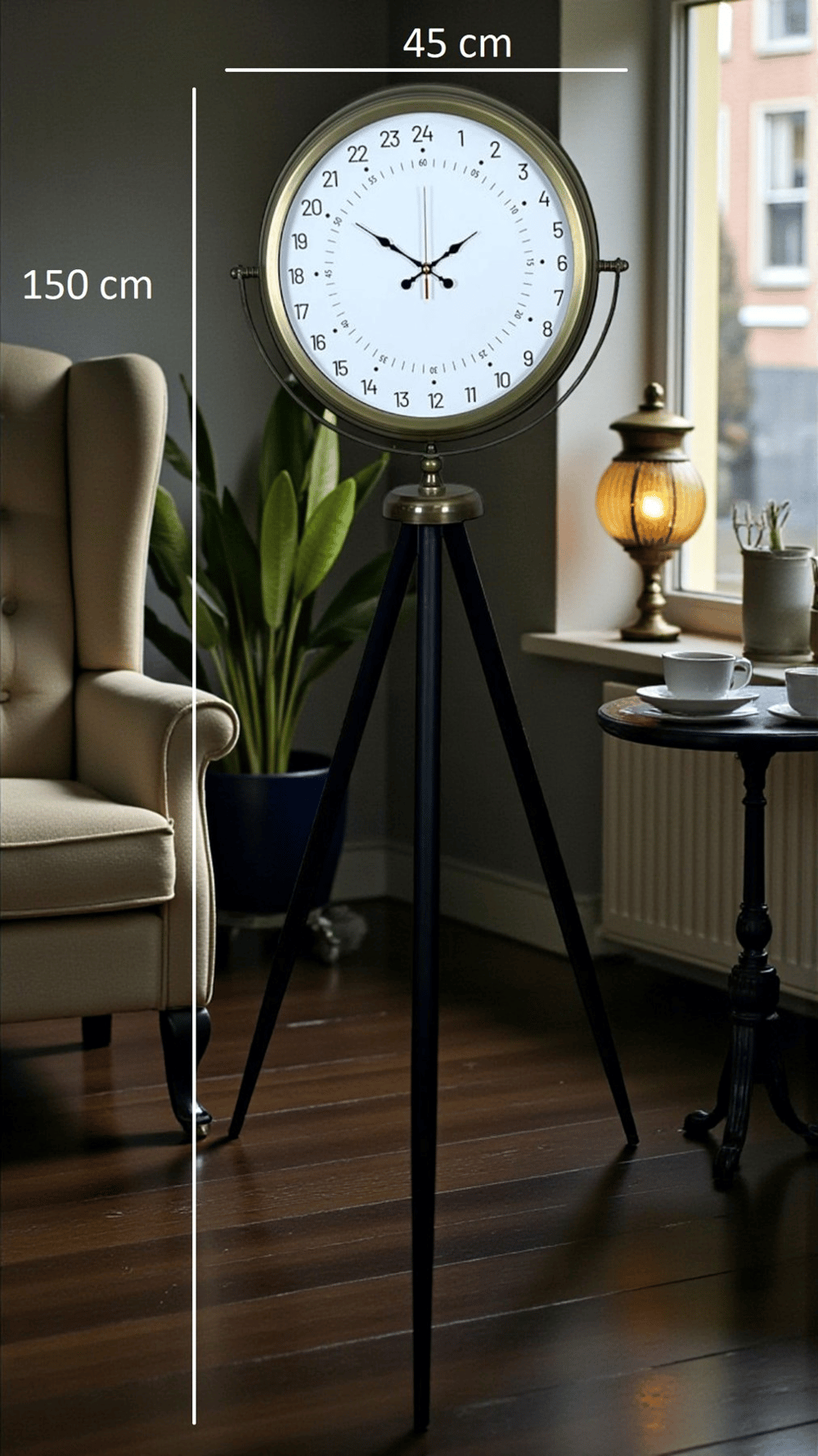 Eskitme 24 Saat Göstergeli Özel Tasarım Tripod Ayaklı Saat