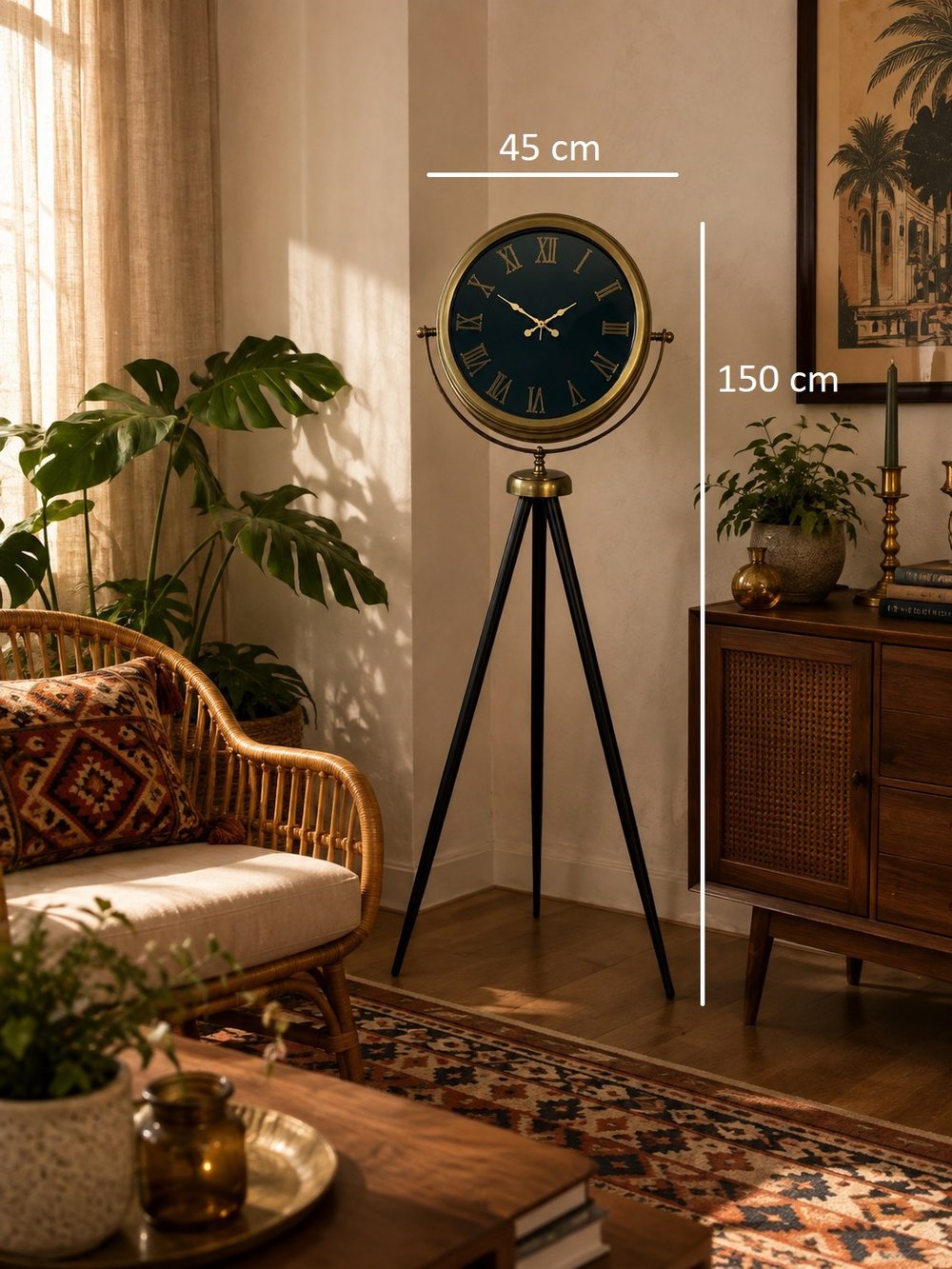 Eskitme Antique Aynalı Tripod 150 x 45 Cm Ayaklı Saat