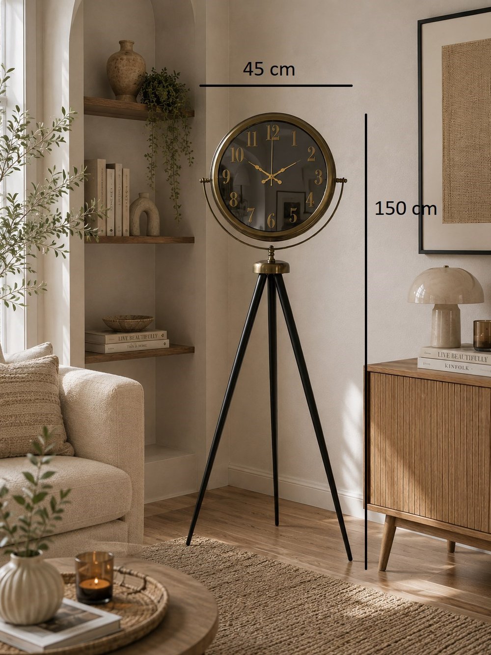 Eskitme Retro Aynalı Tripod 150 x 45 Cm Ayaklı Saat