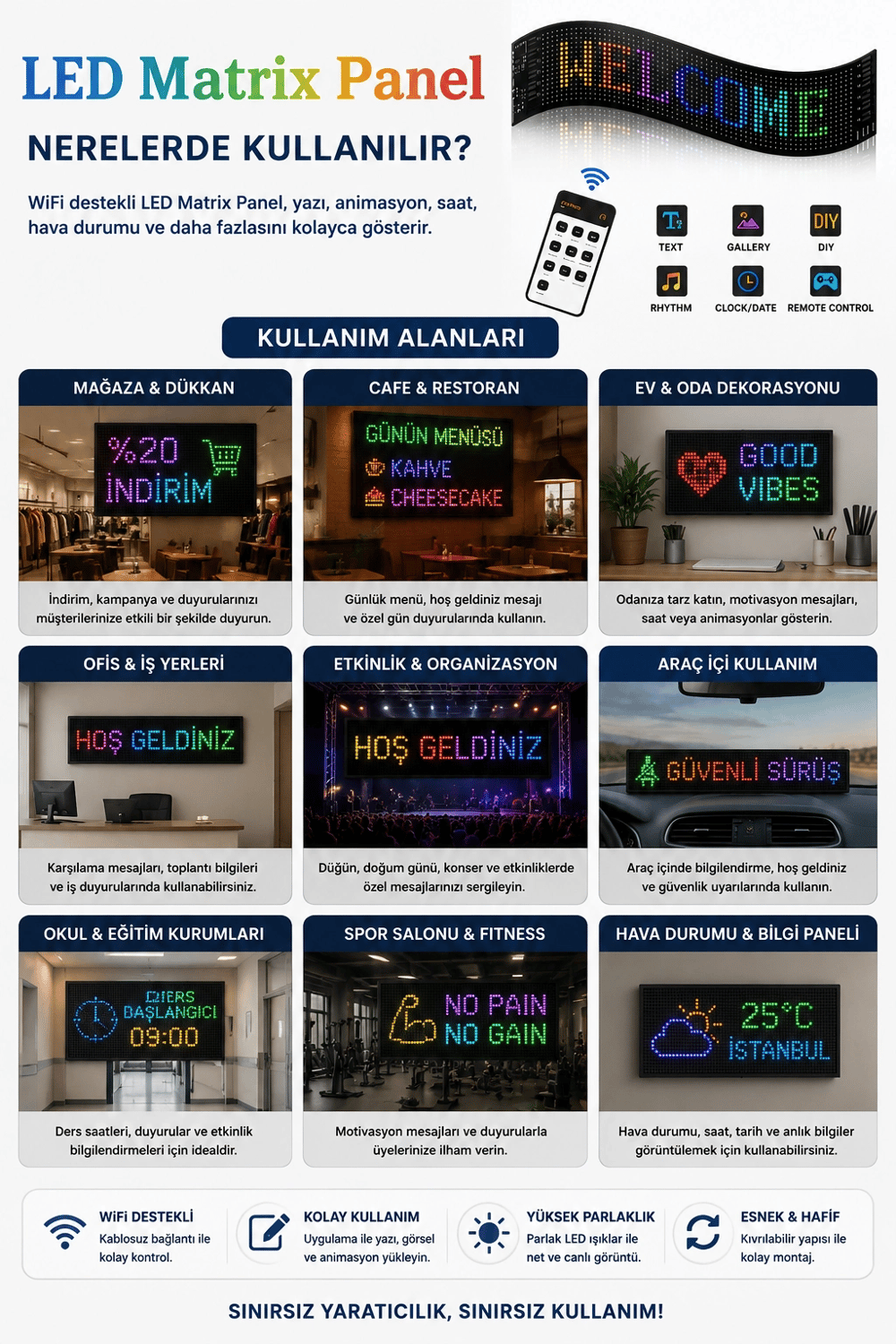 Esnek LED Matrix Panel Kayan Yazı Ekranı Kumandalı Ritim Ve Galeri Destekli