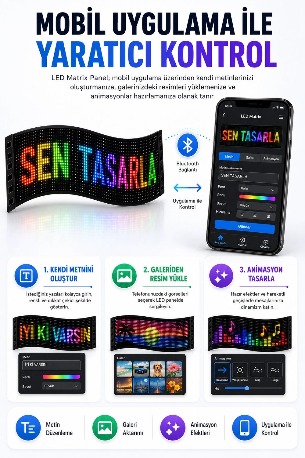 Esnek LED Matrix Panel Kayan Yazı Ekranı Kumandalı Ritim Ve Galeri Destekli