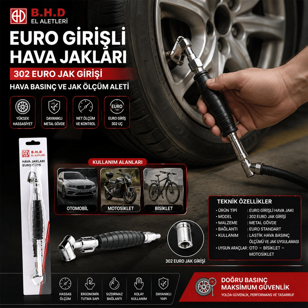 Euro Jack Lastik Hava Basınç Ölçüm Aleti Oto - Bisiklet - Motorsiklet - Bot Bx40