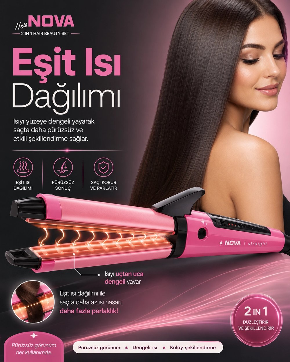 Ev Tipi Kullanıma Uygun 2 Fonksiyonlu Saç Düzleştirici ve Bukle Yapıcı Maşa