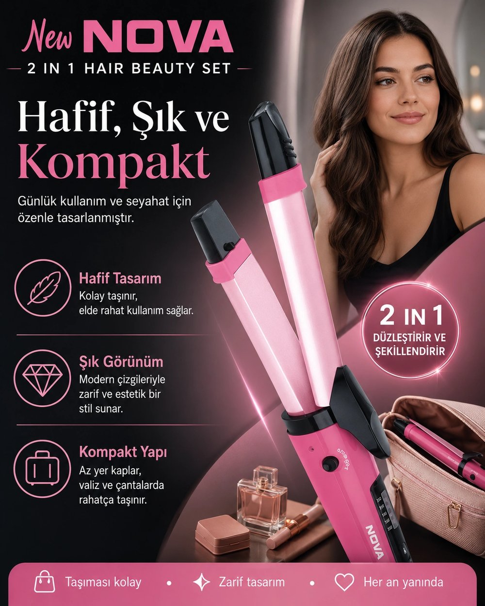 Ev Tipi Kullanıma Uygun 2 Fonksiyonlu Saç Düzleştirici ve Bukle Yapıcı Maşa