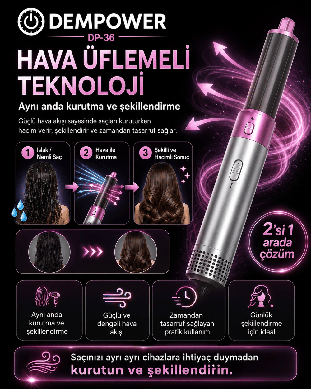 Ev Tipi Kullanıma Uygun 5 Aparatlı Saç Şekillendirici Fön Fırçası ve Dalga Seti