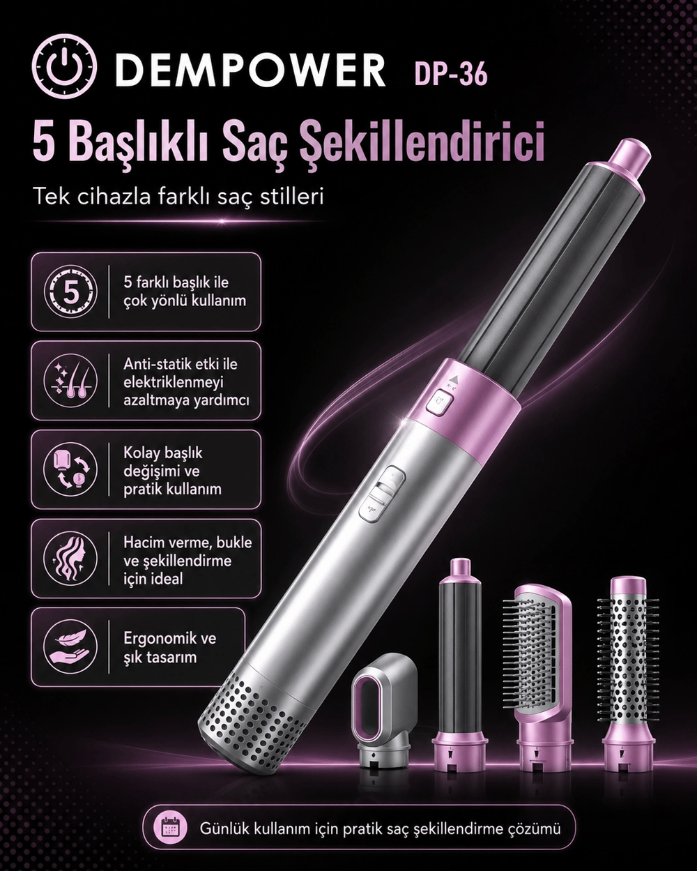 Ev Tipi Kullanıma Uygun 5 Aparatlı Saç Şekillendirici Fön Fırçası ve Dalga Seti