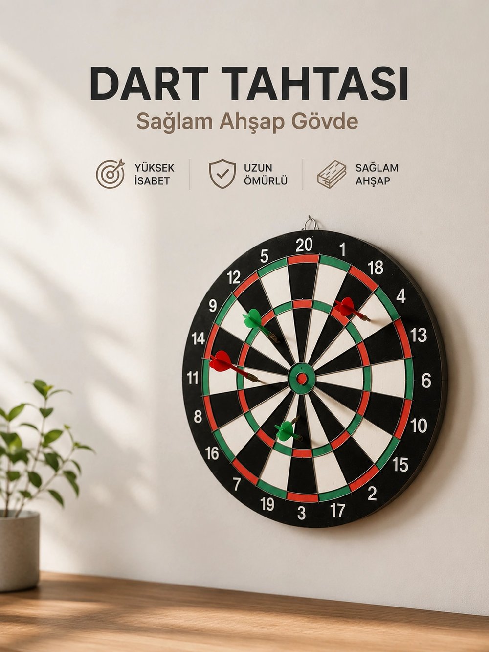 Evde, Ofiste ve Oyun Alanlarında Kullanıma Uygun Sağlam Ahşap Gövdeli Dart Tahtası