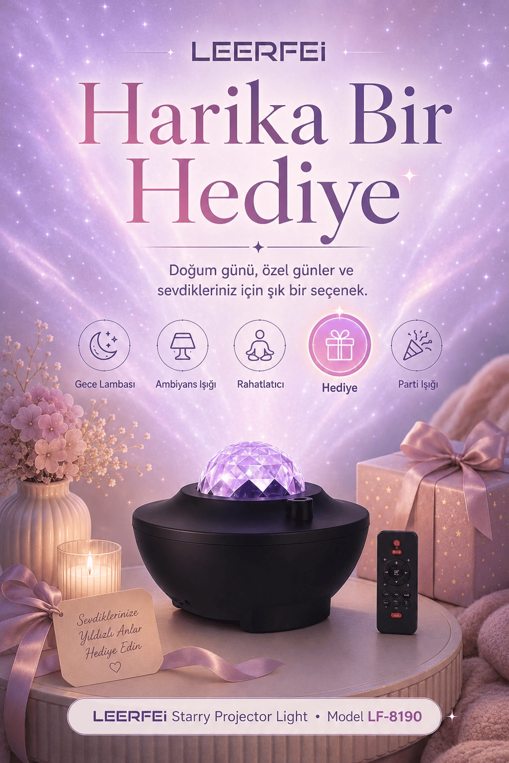 FM Destekli Yıldız Projektör Işığı Gece Lambası Rahatlatıcı Ortam Aydınlatmalı