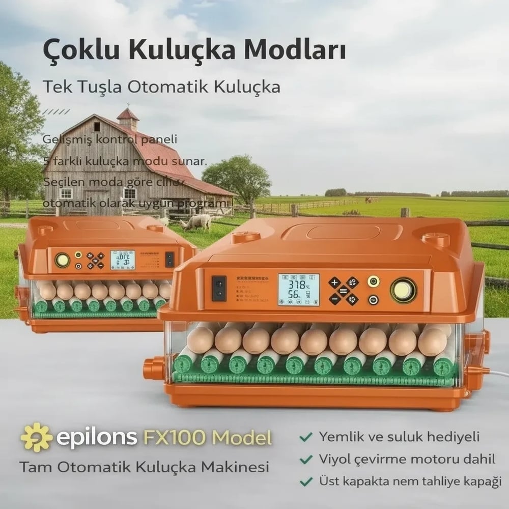 FX100 Tam Otomatik Kuluçka Makinesi 100 Yumurta Kapasiteli | Yeni Nesil Havalandırma | Otomatik Su Sistemi | Dijital Isı ve Nem Kontrolü