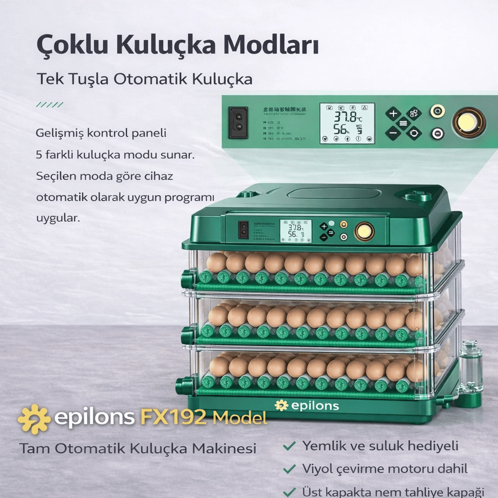 FX192 Model Tam Otomatik Kuluçka Makinesi - Tüm Kanatlı Hayvanlara Uyumlu Yeni Nesil Su Hazneli Süngerli Sistem