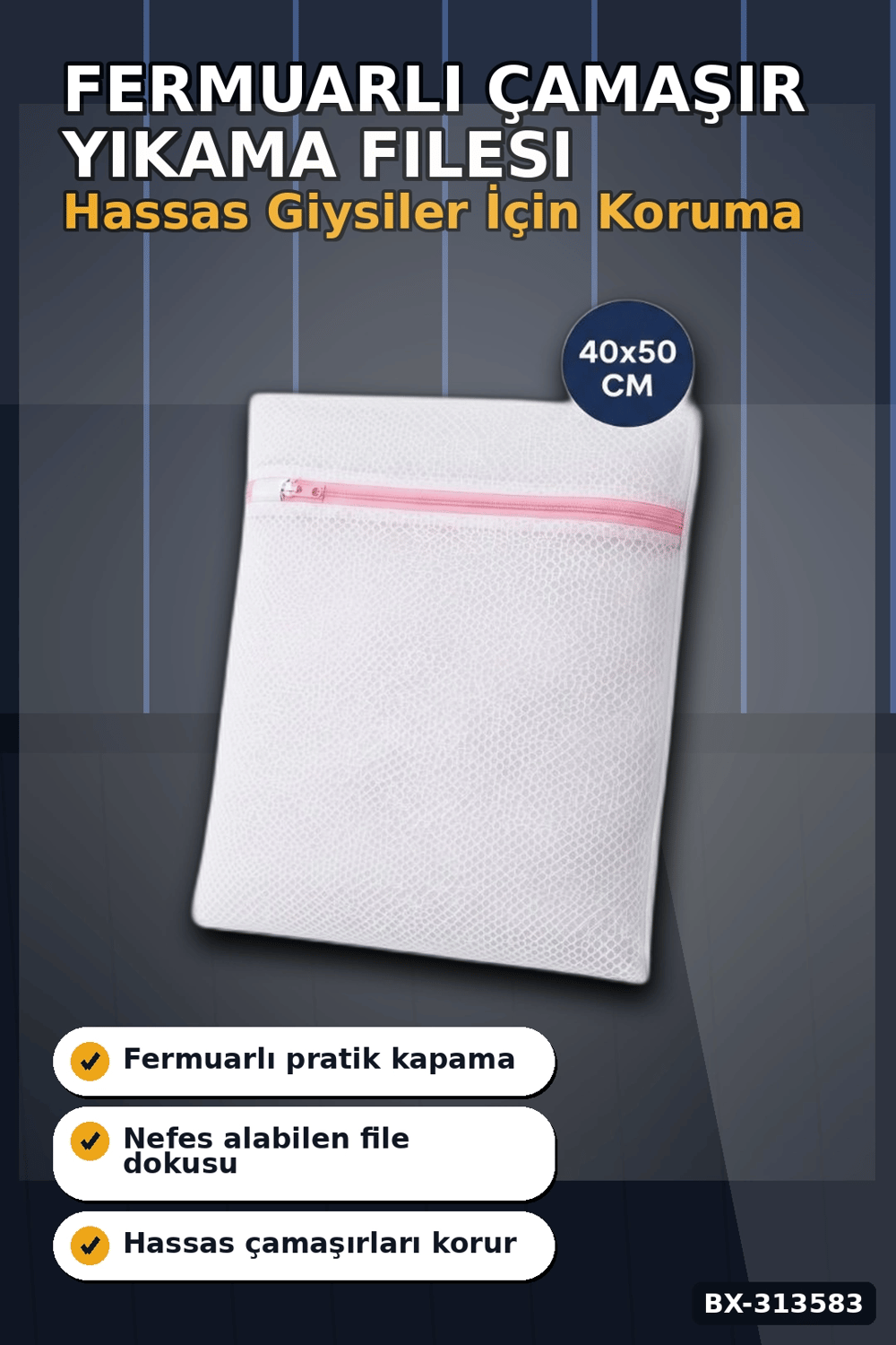 Fermuarlı 40x50 cm Çamaşır Yıkama Filesi - Hassas Kıyafet Koruma Torbası BX-313583