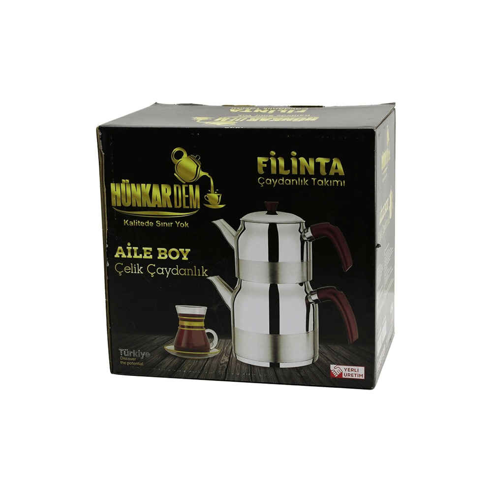 Filinta Aile Boy Çelik Çaydanlık Seti Çift Kapaklı Renkli Bakalit Kulp Üst Demlik: 1.5lt - Alt Suluk: 3lt Kendinden Süzgeçli Bx40