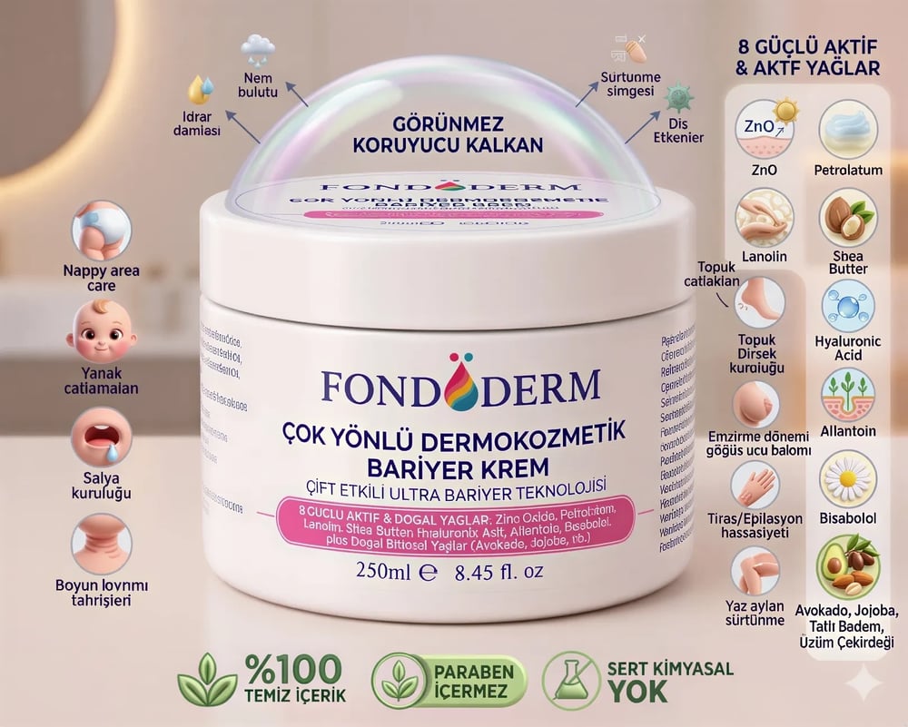 Fondöderm Dermokozmetik Bariyer Krem | Bebek Pişik Kremi ve Yoğun Onarıcı Nemlendirici Doğal Yağlar İçeren Çok Amaçlı Cilt Bakım Kremi