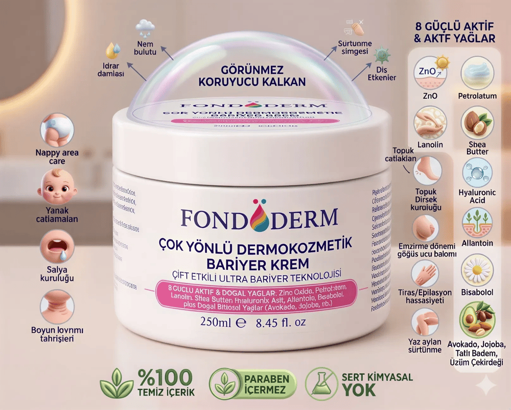 Fondöderm Dermokozmetik Bariyer Krem | Bebek Pişik Kremi ve Yoğun Onarıcı Nemlendirici Doğal Yağlar İçeren Çok Amaçlı Cilt Bakım Kremi
