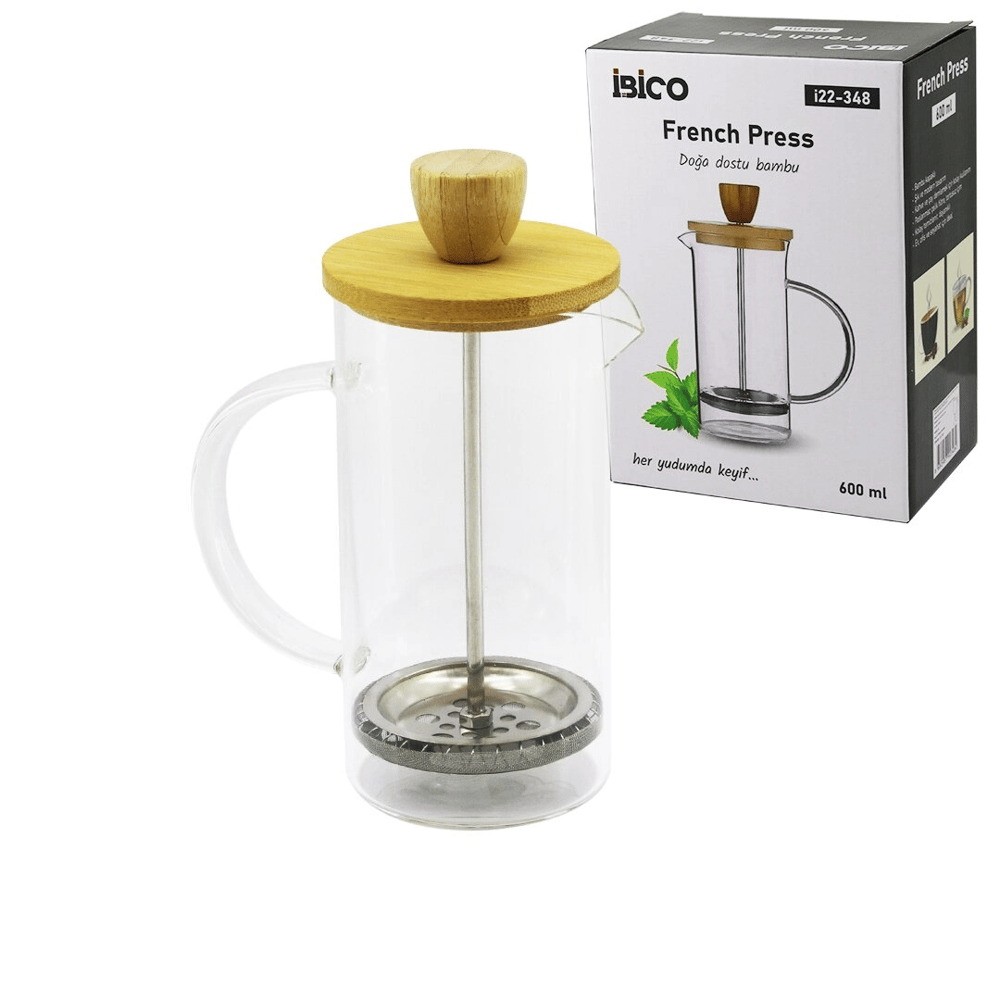 French Press Bambu Kapak 600ml Cam Bitki Süzgeçi Bx40
