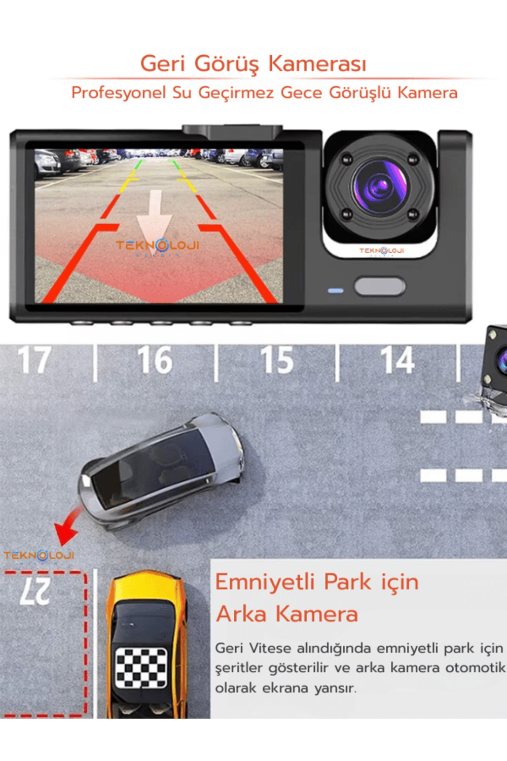 Full HD 1080p 3 Kameralı Dash Cam Ön Arka İç Kayıt Özellikli Gece Görüşlü G Sensörlü